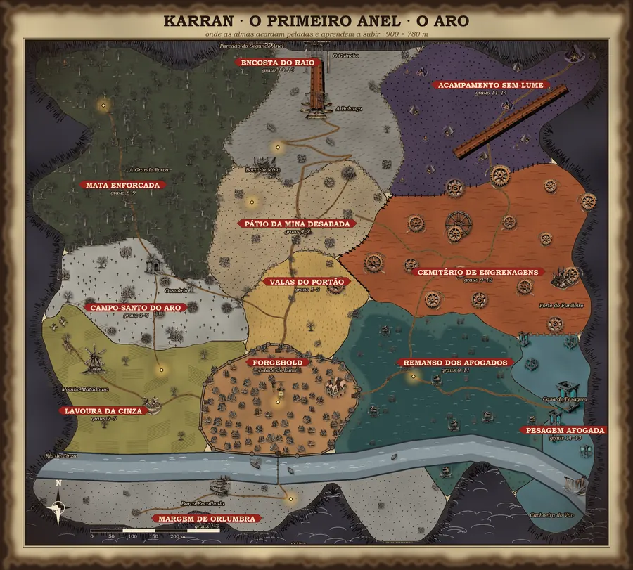 Mapa ilustrado do Aro, com Forgehold no centro e as áreas em volta, cada uma de uma cor