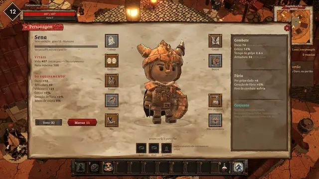 A janela do personagem com o boneco 3D equipado