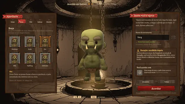 Criação de personagem com um Orc de tanga no santuário
