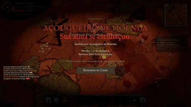 Tela de morte vermelha: Sua alma se estilhaçou, com o botão Remontar no Lume