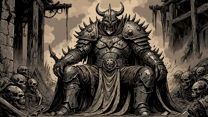 Um senhor de guerra de armadura sentado num trono de caveiras